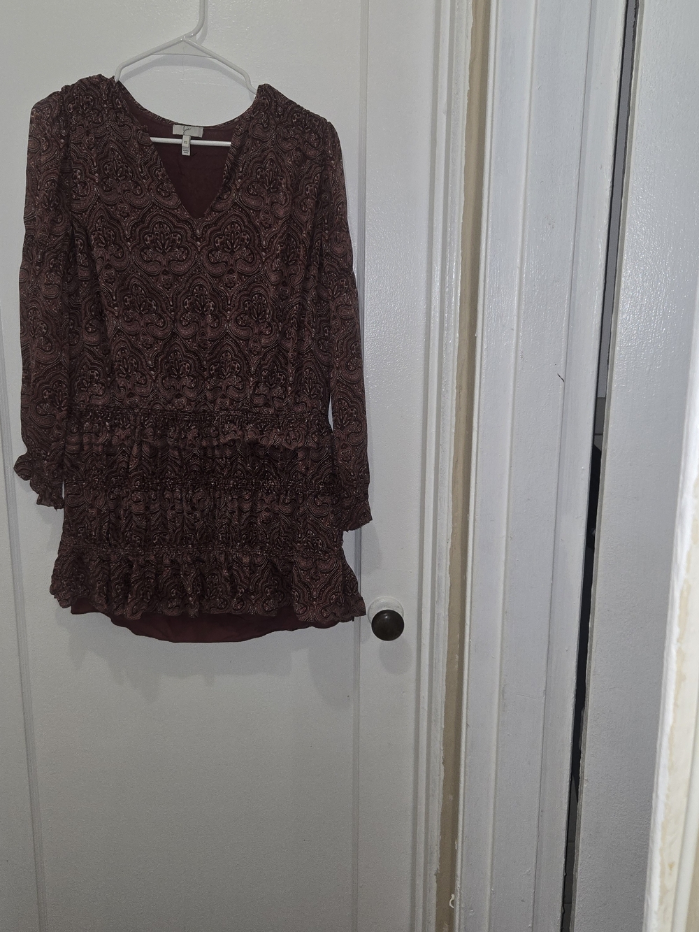 Joie Burgundy Printed Long-Sleeve Tiered Dress